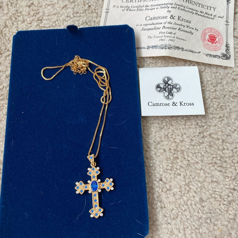 Camrose & Kross Gold Cross Necklace with Blue Accents stunning! Jackie Kennedy